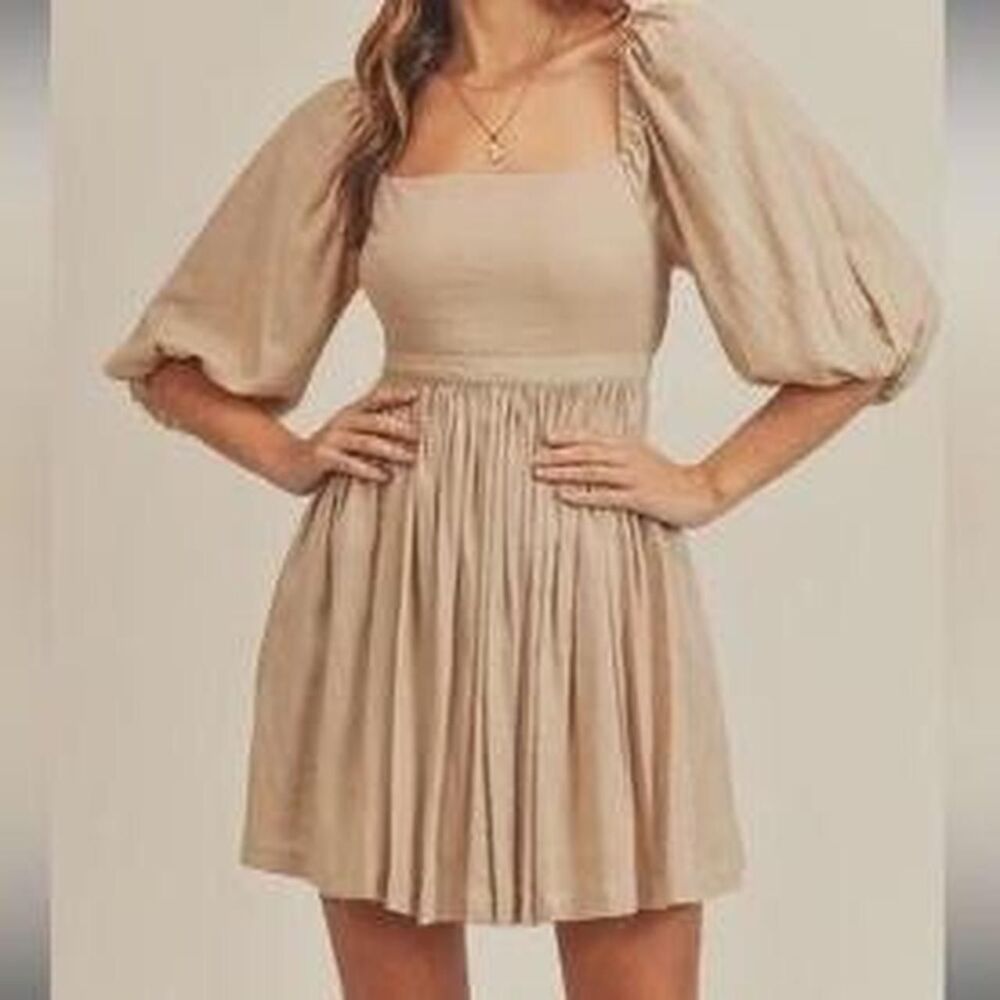 Mable Linen Blend Beige Londyn 3/4 Puff Sleeve Open Back Mini Dress Small